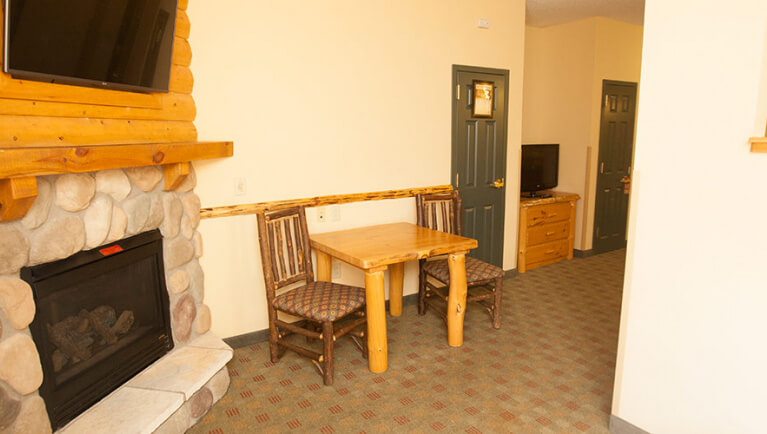 The fireplace in the Lone Wolf Fireplace Suite